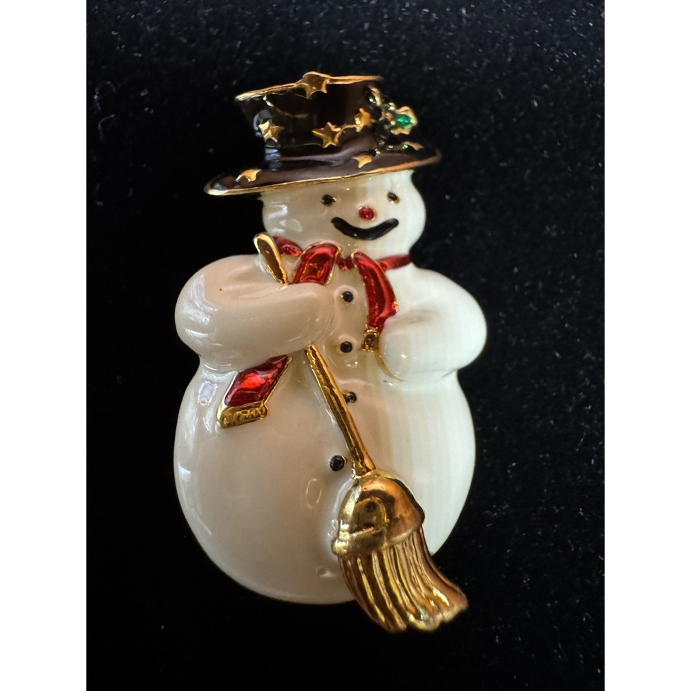 Vintage Enamel Snowman Brooch Gold Tone Christmas Holiday Broom Top Hat